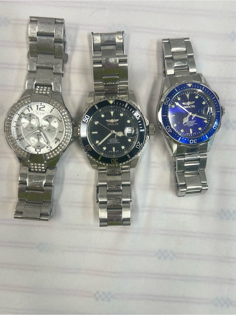 Set of 3 Stainless Steel Watches - Silver with Black & Blue Dials